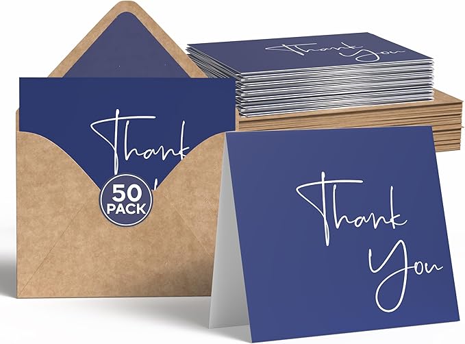 VNS Creations 50 Pack Thank You Cards With Envelopes, Stickers, 3.5x5 Inch Blank Thank You Notes - Bulk Box Set Notes for Graduation, Wedding, Small Business, Baby & Bridal Shower Card - Navy Blue