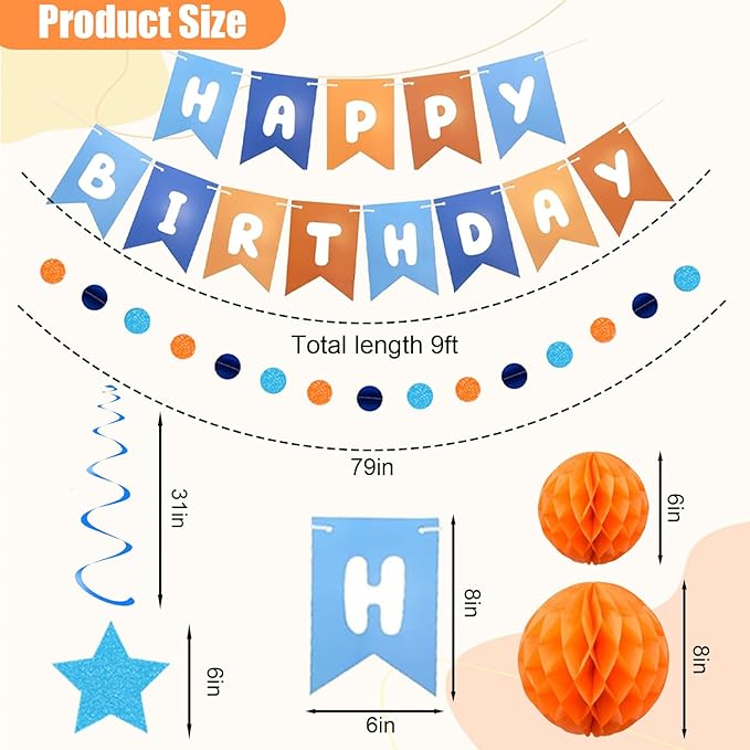 Pre-Strung Happy Birthday Decorations for Boys Men Women, Orange Blue Birthday Banner with Honeycomb Balls, Stars Hanging Swirl Streamers, Circle Dots Garland