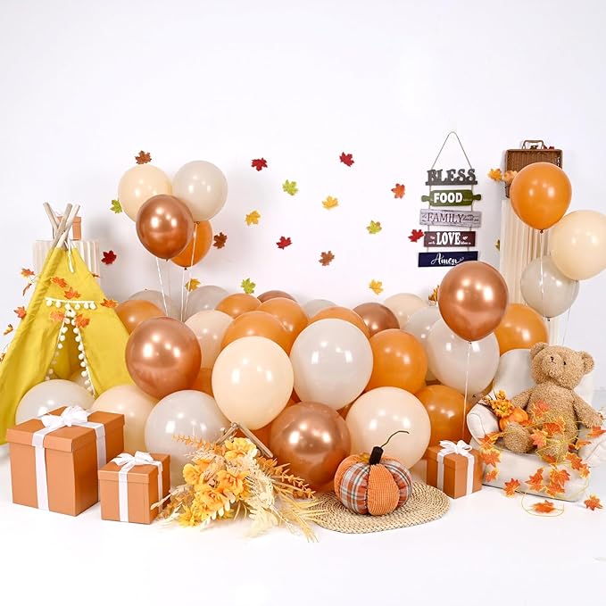 Fall Balloons 55pcs Burnt Orange Gold Balloons 12 Inch, Terracotta Dusty Orange Metallic Copper Sand White Beige Balloon for Thanksgiving Friendsgiving Fall Baby Shower Autumn Party Birthday Decor