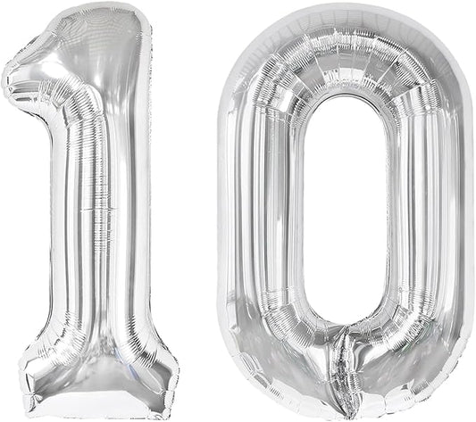 Silver Number 10 Balloon 40 Inch, 10th Birthday Party Decorations for Children, Giant 10 Foil Balloon for Party Supplies