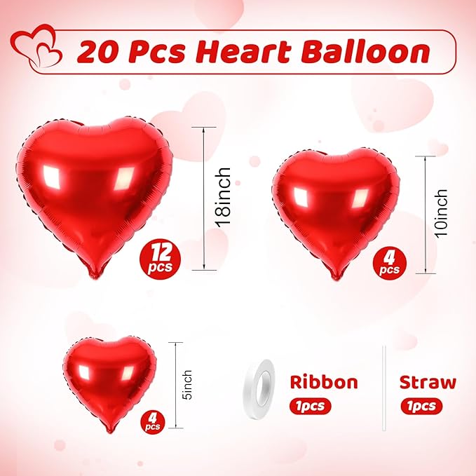 Red Heart Balloons, Heart Shaped Ballons, 20 Pcs 5/10/18 inch Red Foil Love Balloons for Valentine's Day Decorations Wedding Engagement Bridal Showers Anniversary Celebrations