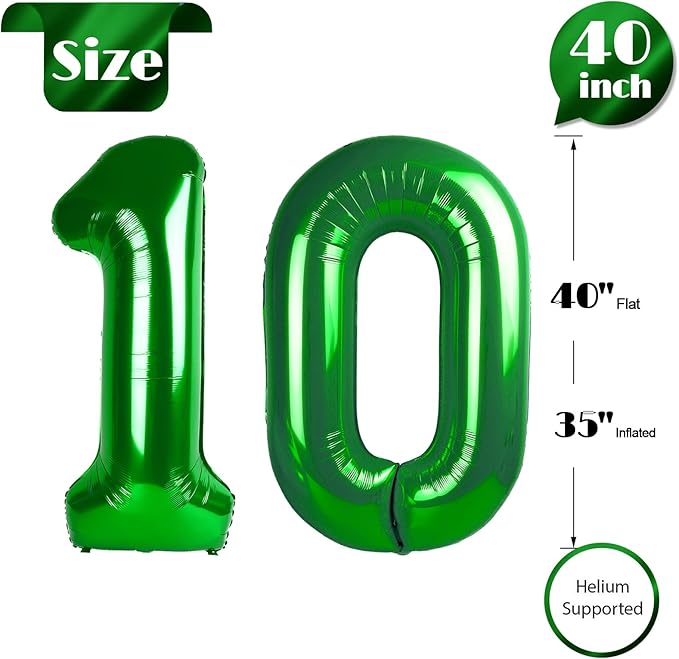 10 Balloon Number, Green Number 10th Birthday Balloons 40 Inch, 10 Years Old Green Birthday Decorations for Boys Girls, 10th Anniversary Decorations