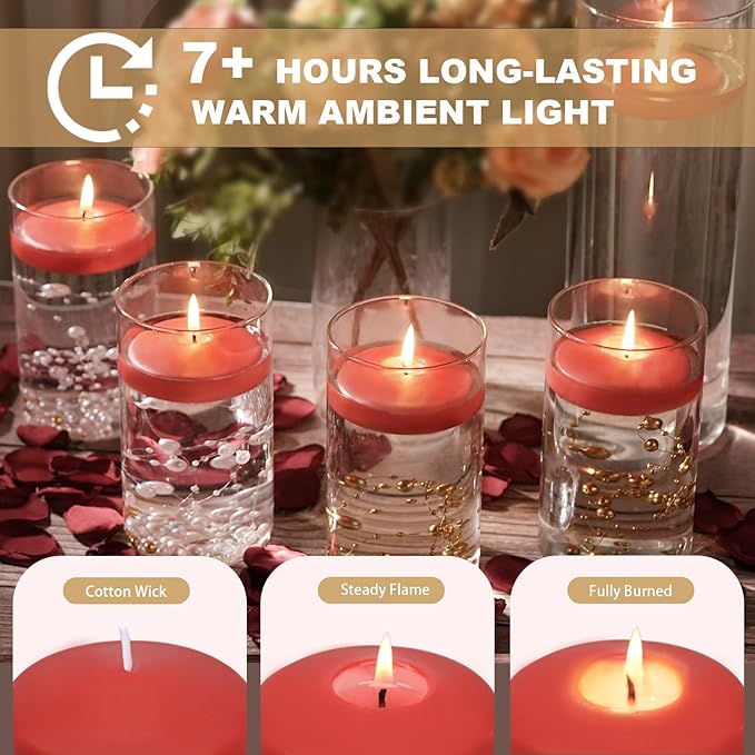 24 Pack Red Floating Candles 3 inch, Unscented Traditional 3" Floating Candles for Centerpieces,7 Hours Burning, Red Water Candles for Cylinder Vases, Wedding, Party, Pool