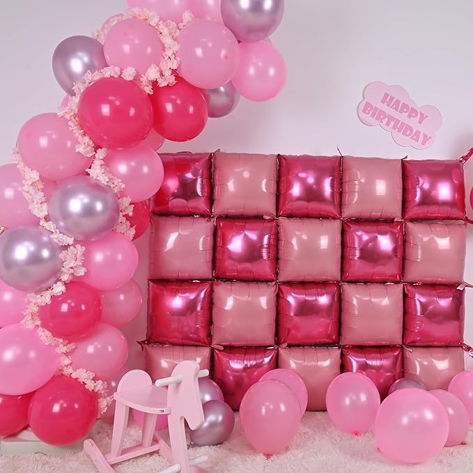 Hot Pink Square Balloons Wall, 10 PCS Magenta Foil Balloons Wall Double Sided Pink Balloon Wall Backdrop for Girls Bachelorette Birthday Bridal Shower Princess Party Decorations