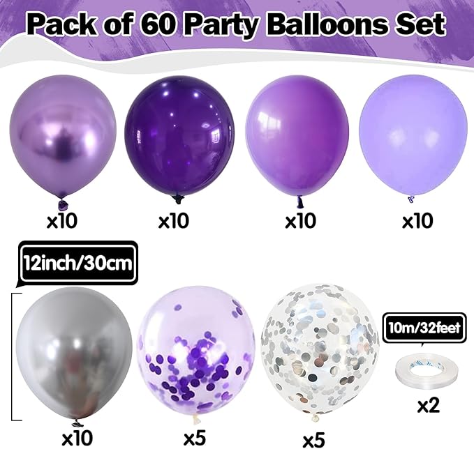 Purple Balloons Set 60 Pcs Dark Purple and Silver Balloons 12 Inch Royal Purple Metallic Silver Confetti Balloon for Girls Women Butterfly Retirement Wedding Bridal Shower Birthday Party Decorations