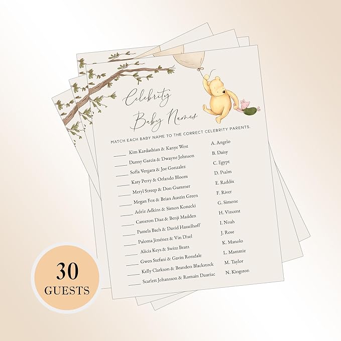 Winnie Baby Shower Games, Celebrity Baby Names, Baby Shower Game Cards, Set of 30, Winnie The Pooh Party Favors, Baby Shower Party Games Supplies & Activities, Baby Shower Decorations