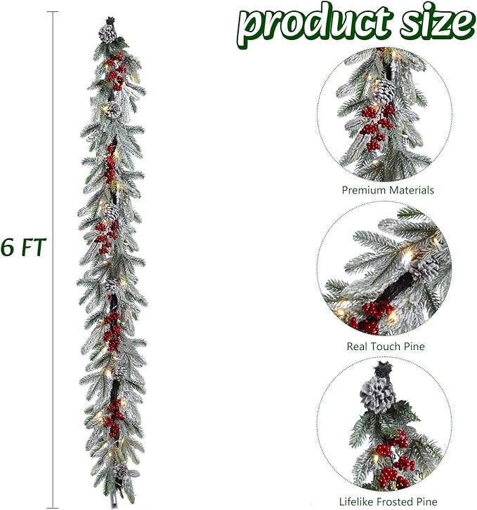 Bdor 6FT Pre-Lit Christmas Garland with Lights – Snow Flocked Pine Garland with Red Berries and Pinecones – Battery Operated Holiday Decoration for Mantel, Staircase, Fireplace, and Front Door