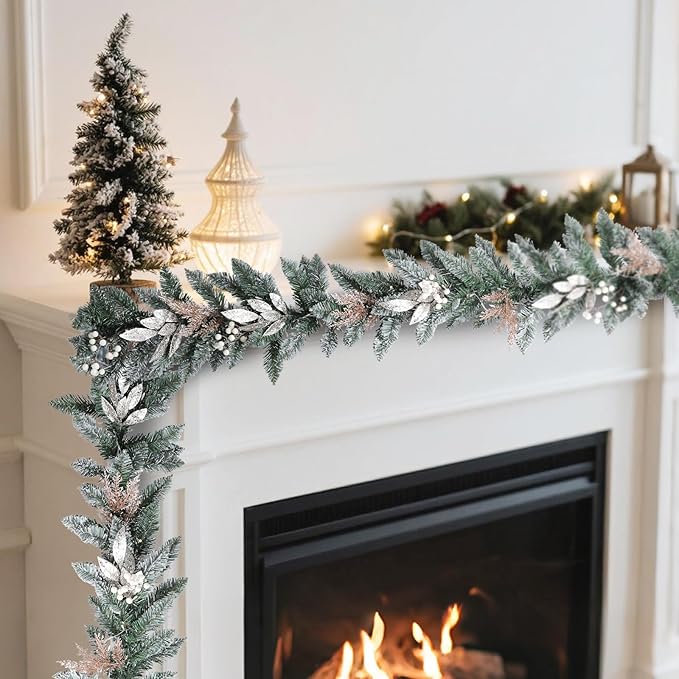 Bdor 6FT Christmas Garland with Glitter Leaves and Berries – Pre-Lit Artificial Pine Garland with Champagne Gold Accents – Elegant Holiday Decoration for Mantel, Staircase, Fireplace, and Front Door