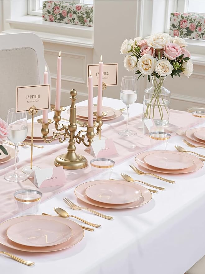 WDF 150Pcs Pink Plates Disposable - Pink and Gold Plastic Plates 25guest Disposable Dinnerware Include 25 Dinner Plate, 25 Dessert Plate, 25 Cutlery & 25 9oz Cups for Wedding & Party