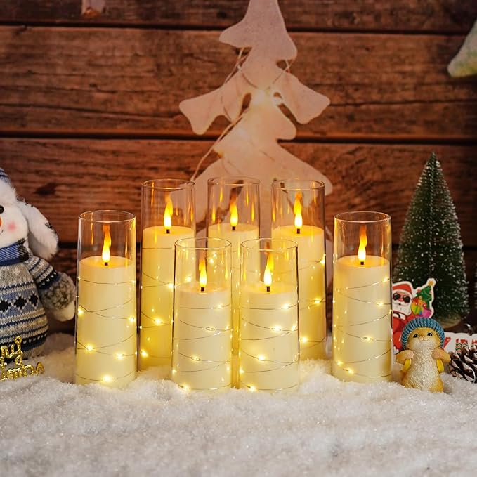 Flameless Candles,with Embedded Star String, Battery Operated Candles Flickering LED Pillar Candles with Remote Control and Timer, Home Decoration Add a Warm and Romantic Atmosphere，Set of 7 (Ivory)