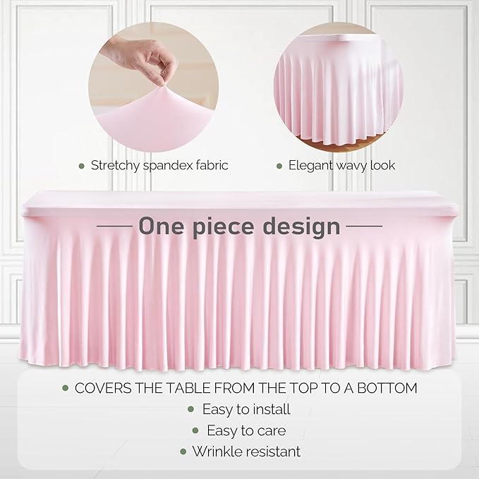 1 Pack Pink Table Clothes for 4 Foot Rectangle Tables, One-Piece Wrinkle Resistant Stretch Spandex Table Covers with Skirt for Event Banquet Wedding Birthday Party