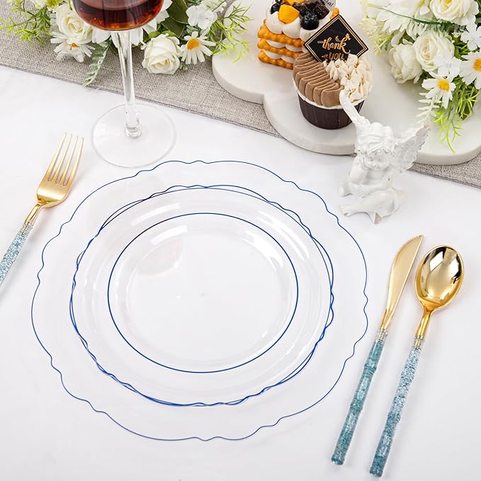 Liacere 150PCS Clear and Blue Plastic Plates-Clear and Blue Disposable Plates with Glitter Bamboo Handle Cutlery-60 Baroque Elegant Plates, 30 Forks, 30 Spoons, 30 Knives for Wedding＆Back to School
