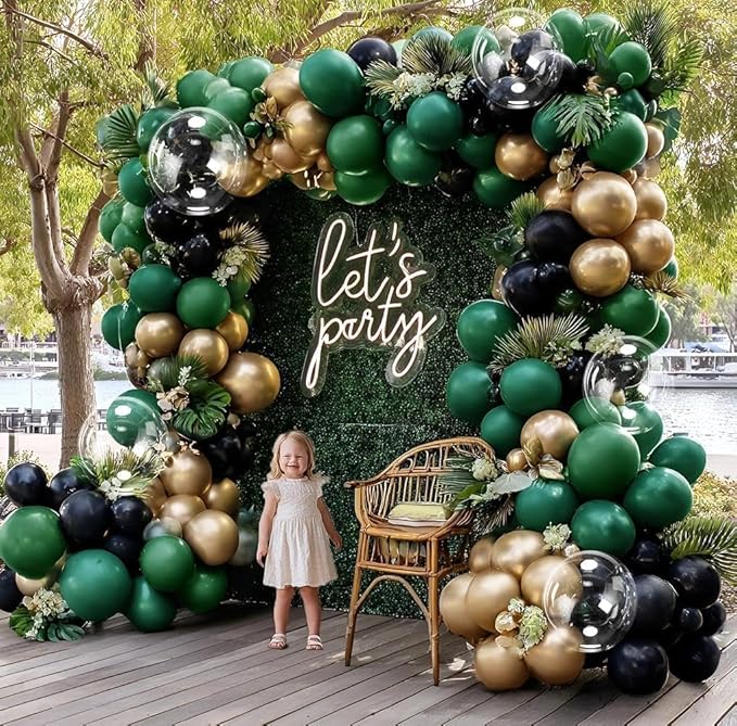 Dark Green Black Balloon Arch Double Stuffed Emerald Hunter Green Black Gold Balloon Garland Kit for Birthday Baby Shower Christmas New Year Wedding Bridal Jungle Graduation Party Decor