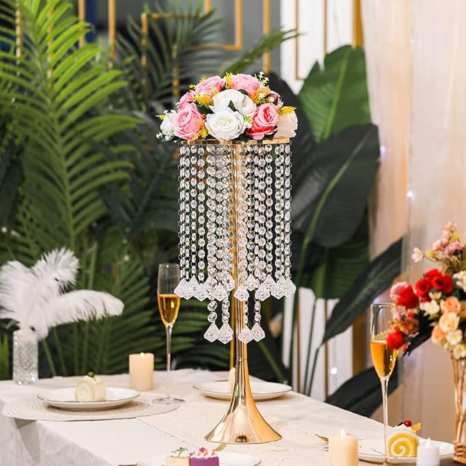 2Pcs 21.88" Centerpieces Tall Crystal Metal Vase Gold Flower Stand Vase for Table Wedding Centerpieces Decoration-Artificial Flower Vase for Dining
