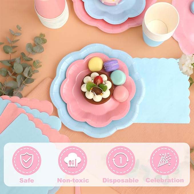 260 Pcs Blue And Pink Party Supplies - For 52 Guests Paper Plates And Napkins/Cups - Disposable Big Scalloped Dinner Party Set Cutlery - For Bbq Baby Shower Bridal Shower Wedding