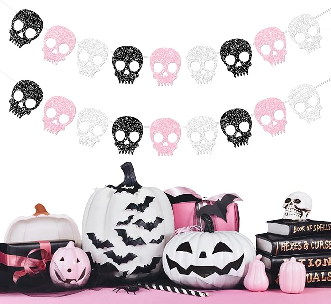 2PC Black/Silver/Pink Skull Garland for Halloween Party Decorations Glitter Skull Banner for Girl/Women Gothic Birthday Decorations Supplies