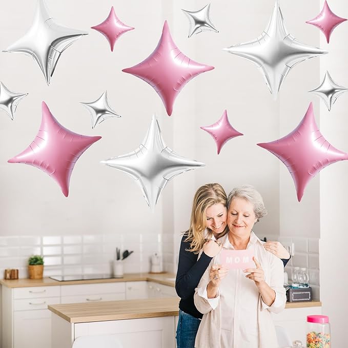 TONIFUL 30Pcs 26In&10In Star Balloons Pink and Silver Four Pointed Star Shape Foil Balloons Mini Star Mylar Balloons for Birthday Wedding Baby Shower Anniversary Engagement Party Decor Supplies
