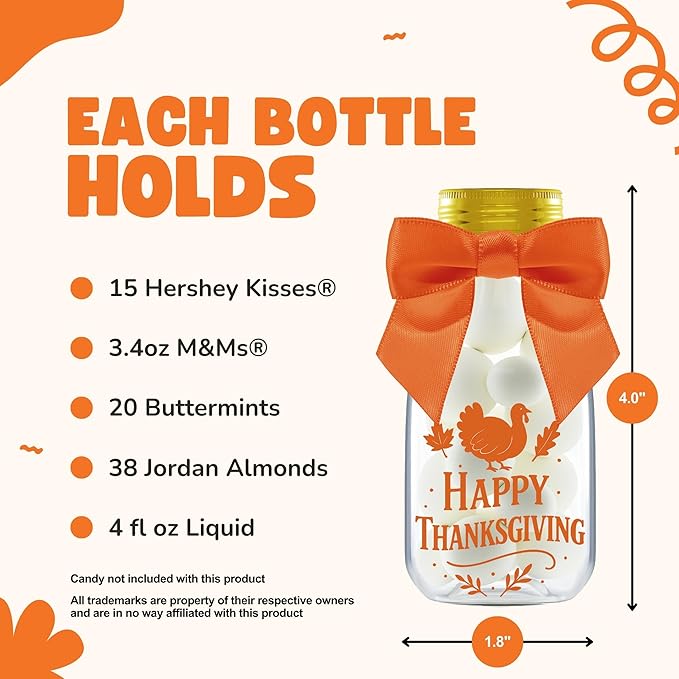 12 Pack Thanksgiving Candy Jars with Ribbons & Stickers – Mini Favor Bottles for Kids – DIY Candy Containers for Classroom, Fall Parties, Baby Showers, and Holiday Table Decorations