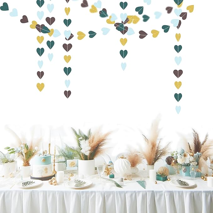 Sage-Green Gold Brown Party Decorations - 52Ff Paper Heart Streamers Gender Neutral Baby Shower Bridal Shower Garland Boho Birthday Rustic Decoration Woodland Theme Decor HongTongTong
