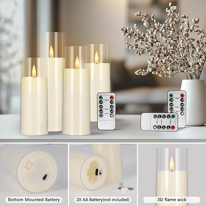 Flickering Flameless Candles Battery Operated with Remote and 2/4/6/8 H Timer Plexiglass Led Pillar Candles with Realistic Moving Wick Candles for Home Decor Pack of 48(D2.2"xH 5"6"7")(Ivory)