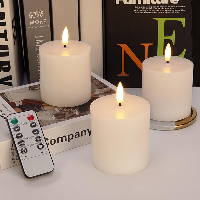 White Flameless Candles Set of 3 (3"x3") Battery Operated LED Pillar Candles with Remote and Timer, Real Wax Flickering Candles for Fireplace Bedroom Living Room Home Decor and Indoor Use
