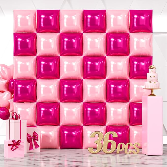 NISOCY 36PCS Hot Magenta Pink Square Foil Balloons Wall Backdrop Double Sided Metallic Pink Balloons Arch Kit for Anniversary Bachelorette Birthday Engagement Bridal Baby Shower Party Decorations