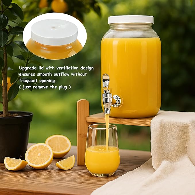 1 Gallon Large Glass Drink Dispensers with Stand for Parties, Glass Iced Beverage Dispensers with Spigot, Reusable Water Dispenser Countertop (2 Pack)