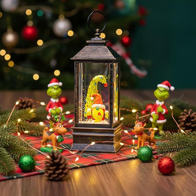 10'' Christmas Gnomes Snow Globe Lantern Lighted Whimsical Christmas Tree & Santa Elf Musical Water Lantern Swirling Glittering Home Decoration and Gift, Battery Operated or USB Powered