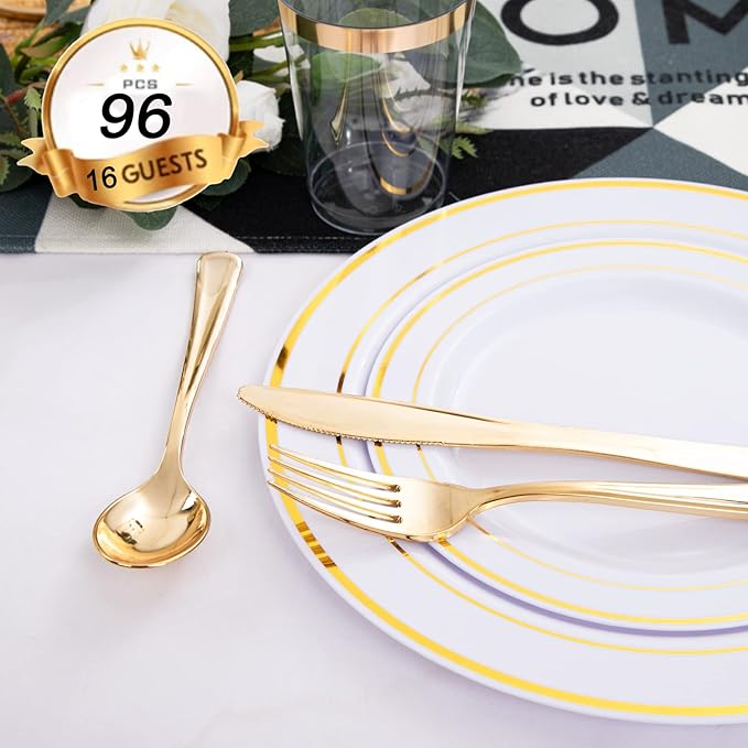 WELLIFE 96 Pcs Gold Plastic Dinnerware Set, Disposable Silverware and Cups, Gold Dinnerware Set, Includes: 16 Dinner Plates 10.25", 16 Dessert Plates 7.5", 16 Cutlery for Party