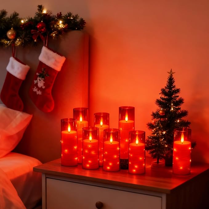 Flameless LED Candles with Timer 24 Pc Flickering Flameless Candles for Romantic Ambiance and Home Decoration Stable Acrylic Shell,with Embedded Star String，Battery Operated Candles（Red）