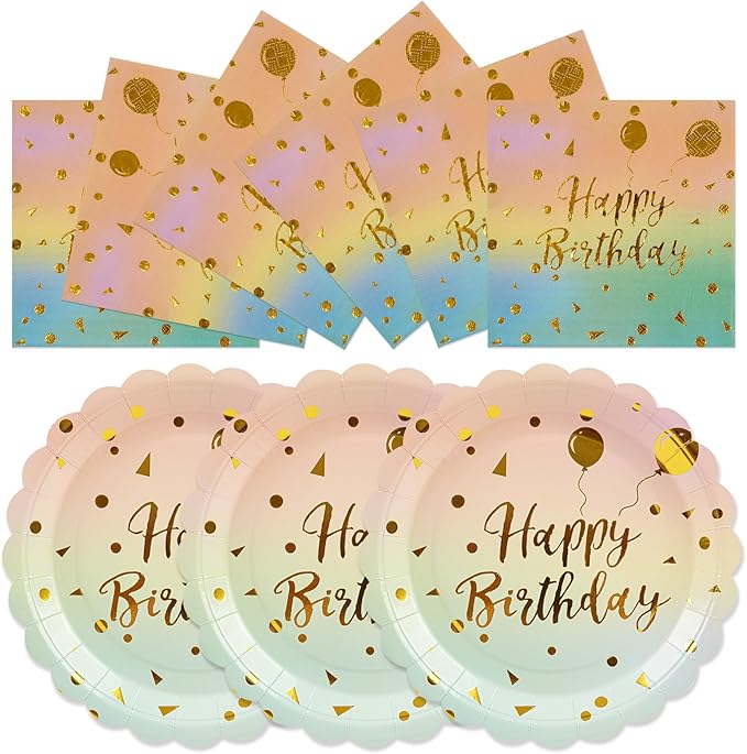50PCS Happy Birthday Paper Plates and Napkins Set - 7 Inch Colorful and Gold Birthday Cake Plates Scalloped Dessert Plate Disposable Tableware for Birthday's Party Supplies Decorations