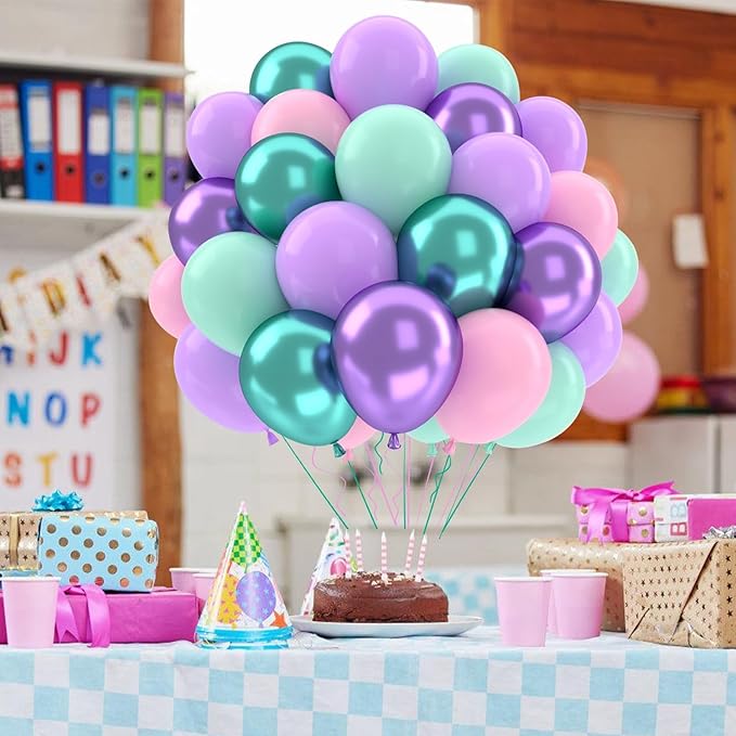 Patimate Mermaid Party Balloons Set, 50 pcs 12 inch Pastel Purple Pink Green Metallic Purple Green Latex Balloons Kit for Girls Mermaid Birthday Baby Shower Under The Sea Party Decorations