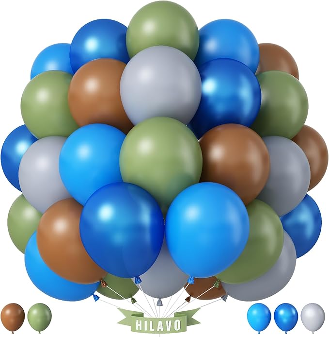 Blue Green Balloons 60 Pcs 12 Inch Sage Green Blue Brown Balloons Neutral Boho Avocado Green Pearl Dark Navy Blue Khaki Brown Grey Balloon for Boys Bear Jungle Baby Shower Birthday Party Decorations