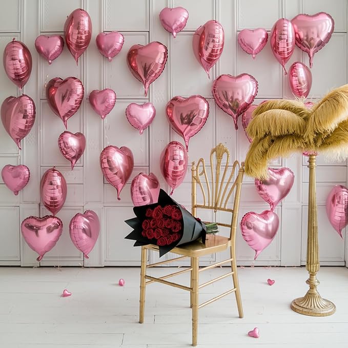 Pink Heart Balloons, 19PCS Pink Heart Shape Balloons, 18Inch with 10Inch Pink Helium Foil Heart Balloon Love Balloon for Girls Birthday Marriage Wedding Engagement Party Anniversary Decoration