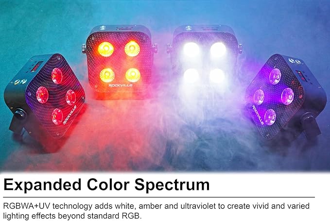 Rockville MINI RF4 V2 Black LED Wash Up Light, RGBWA+UV, Compact, App, Remote Control, LCD, Wireless DMX, Rechargeable, Perfect for DJ/Party Lighting