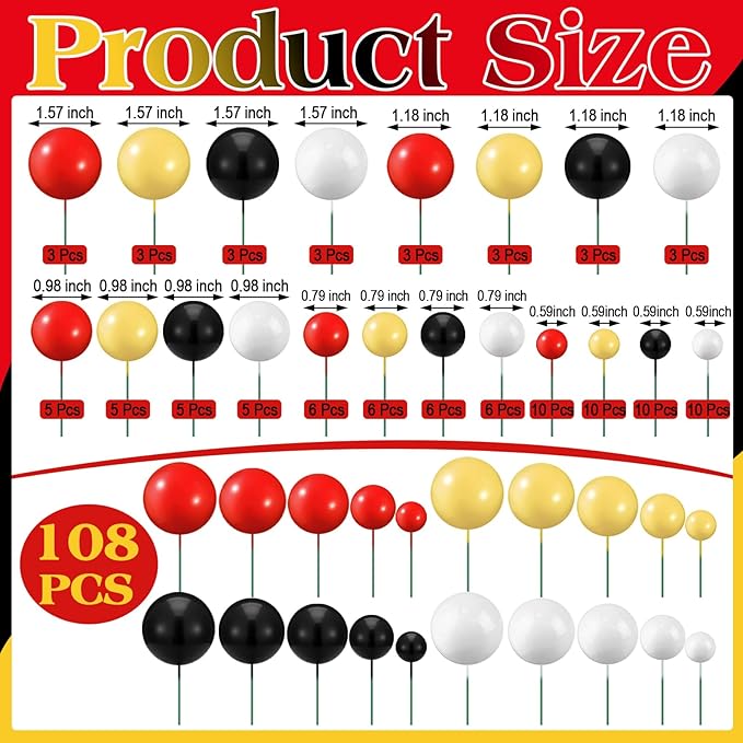 108 Pcs Balls Cake Topper DIY Cupcake Insert Foam Balloons for Cake Baking Wedding Anniversary Birthday Decoration(Classic Colors,Multi Sizes)