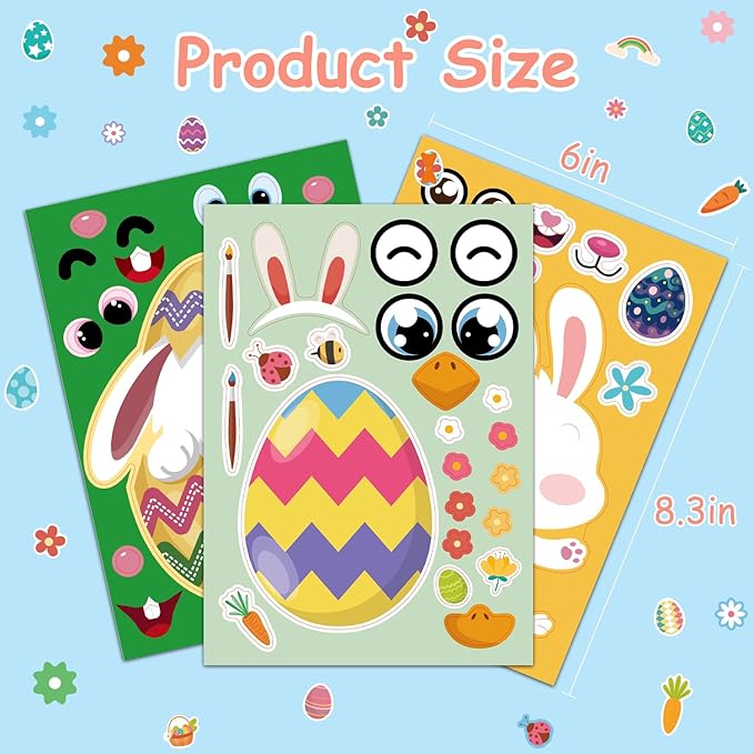 Aowplc 48 Pcs Easter Make-a-Face Sticker Sheets, 8”x 6" Mix and Match Stickers with Animals & Eggs for Kids’ Easter Basket Stuffers, Crafts, Party Favors