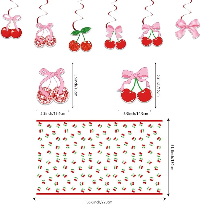143PCS Cherry Birthday Party Decorations, She's The Cherry On Top Party Supplies Plates and Napkins Set, Tableware,Banner, Hanging Swirls, Tablecloth, Cake Cupcake Topper, Wedding Bridal Baby Shower