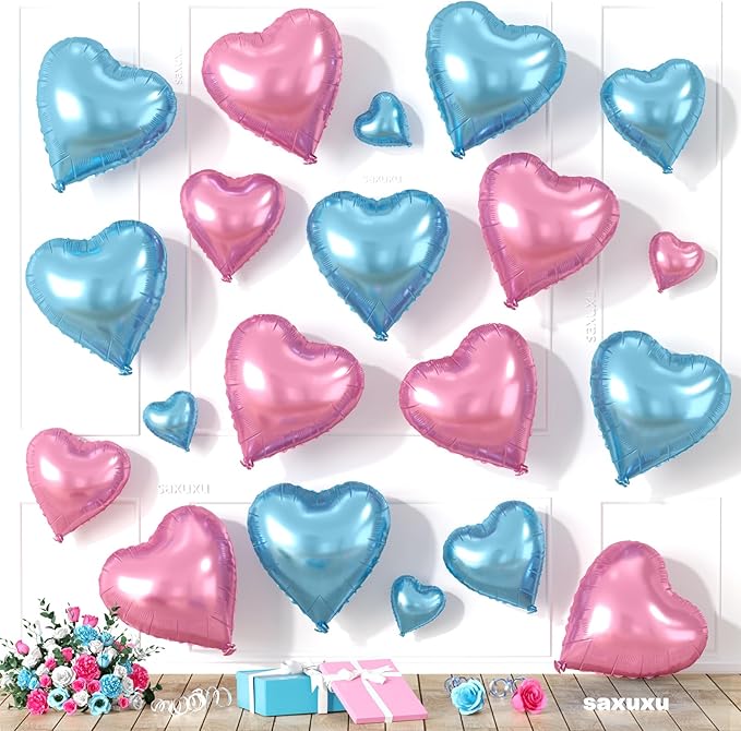 Blue Pink Heart Balloons, Heart Shaped Balloons, 20 Pcs 5/10/18 inch Different Sizes Light Pink Blue Foil Love Balloon for Birthday Gender Reveal Baby Shower Decorations Wedding Engagement