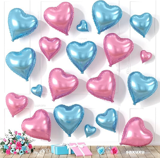 Blue Pink Heart Balloons, Heart Shaped Balloons, 20 Pcs 5/10/18 inch Different Sizes Light Pink Blue Foil Love Balloon for Birthday Gender Reveal Baby Shower Decorations Wedding Engagement