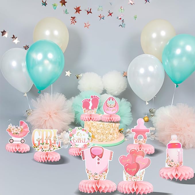 Gyufise 9Pcs Pink Baby Shower Decorations Honeycomb Centerpieces for Girls Floral It's a Girl Gender Reveal Table Centerpiece Party Supplies Baby Girl Pregnancy Announcement Table Topper