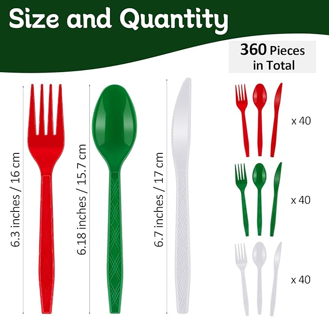 360 Pcs Christmas Silverware Disposable Flatware Cutlery - Red, Green, White Forks, Knives and Spoons Set - Plastic Serving Silverware for Holiday Party Supplies