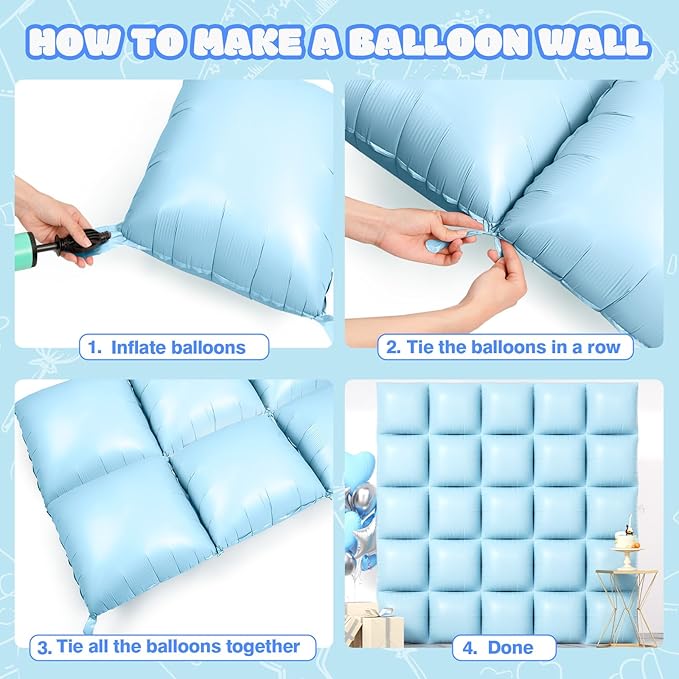 NISOCY 25PCS Blue Square Foil Balloons Wall Backdrop Double Sided Pastel Blue Balloons Arch Kit for Birthday Baby Bridal Shower Gender Reveal Easter Wedding Anniversary Party Decorations