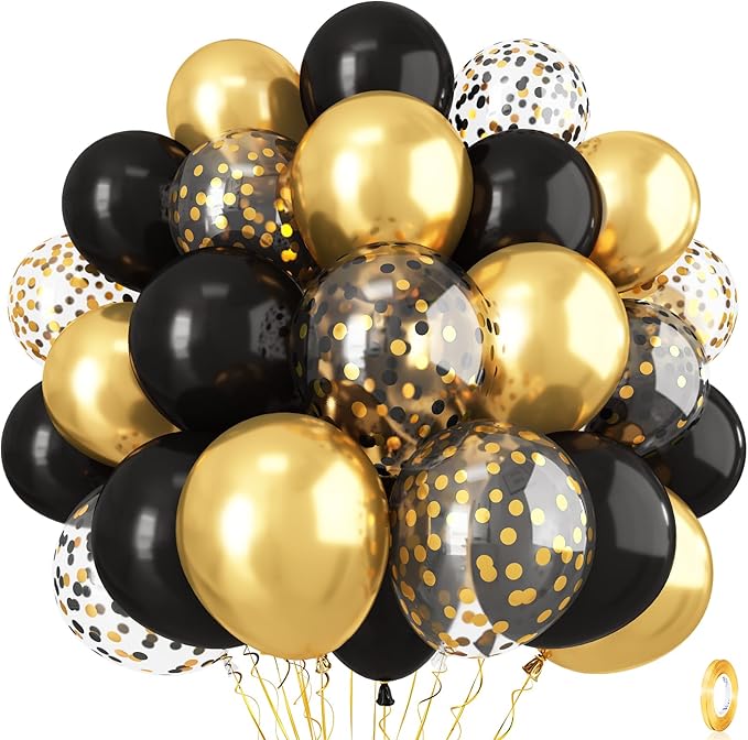 Black and Gold Confetti Balloons, 12 Inch Black Metallic Gold Latex Black Golden Helium Balloons for Wedding Birthday Anniversary New Year Party Celebration Decorations Is-02