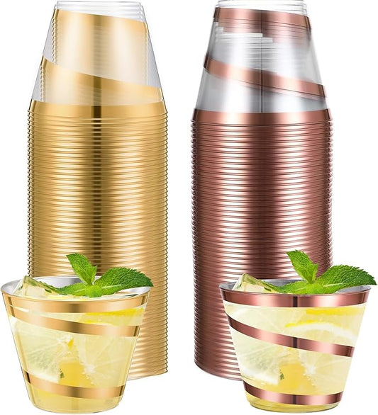 Gejoy 9 oz Rimmed Swirl Plastic Cups Disposable Wine Drinking Cups Clear Elegant Halloween Tumblers for Christmas Party Supplies(Gold, Rose Gold,100 Pcs)