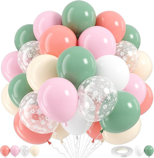Pink and Green Balloons 60pcs, Sage Olive Green Dusty Blush Light Pink Sand White Balloon with Snowflake Balloons for Baby In Bloom Baby Shower Christmas Winter Wonderland Birthday Party Decorations