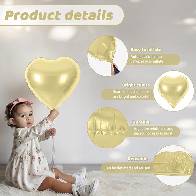 Champagne Gold Heart Balloons, Heart Shaped Ballons, 20 Pcs 5/10/18 inch Gold Foil Love Balloons for Valentine's Day Decorations Wedding Engagement Bridal Showers Anniversary Celebrations