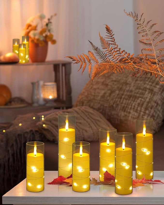 Enido 10 Pc Flameless LED Candles with Remote & Timer, Flickering with Embedded Star String for Cozy Home Decor Holiday Romantic Battery Operated Acrylic Pillar Set (Clear)