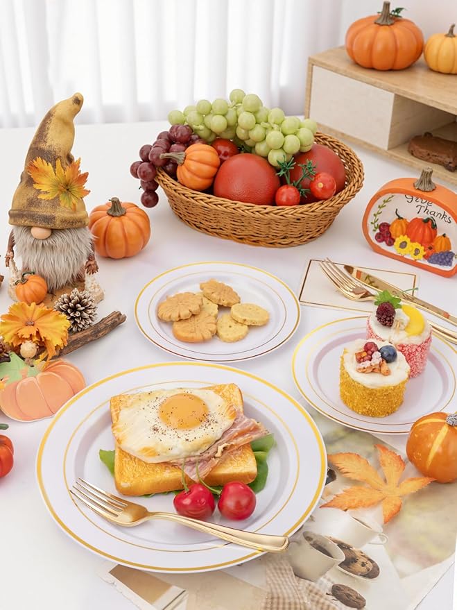 175PCS White and Gold Plastic Plates - Thanksgiving Plates with Rolled Napkins for Party - 25Guest Disposable Dinnerware Sets for Party/Thanksgiving/Wedding