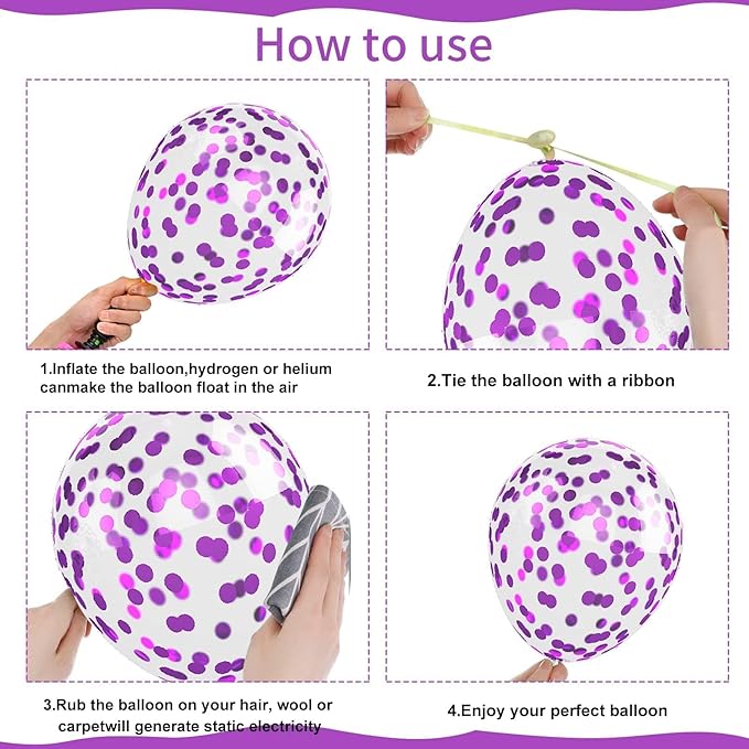 Pink and Purple Balloons, 50PCS 12 Inch Confetti Balloons, Metallic Purple Pink Latex Balloons with Ribbon, Party Balloons for Birthday Shower Wedding Party Decorations